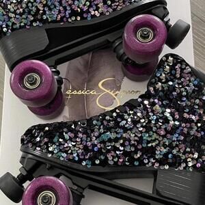 Jessica Simpson Black Sequin Roller Skates with Purple Glitter Wheels
